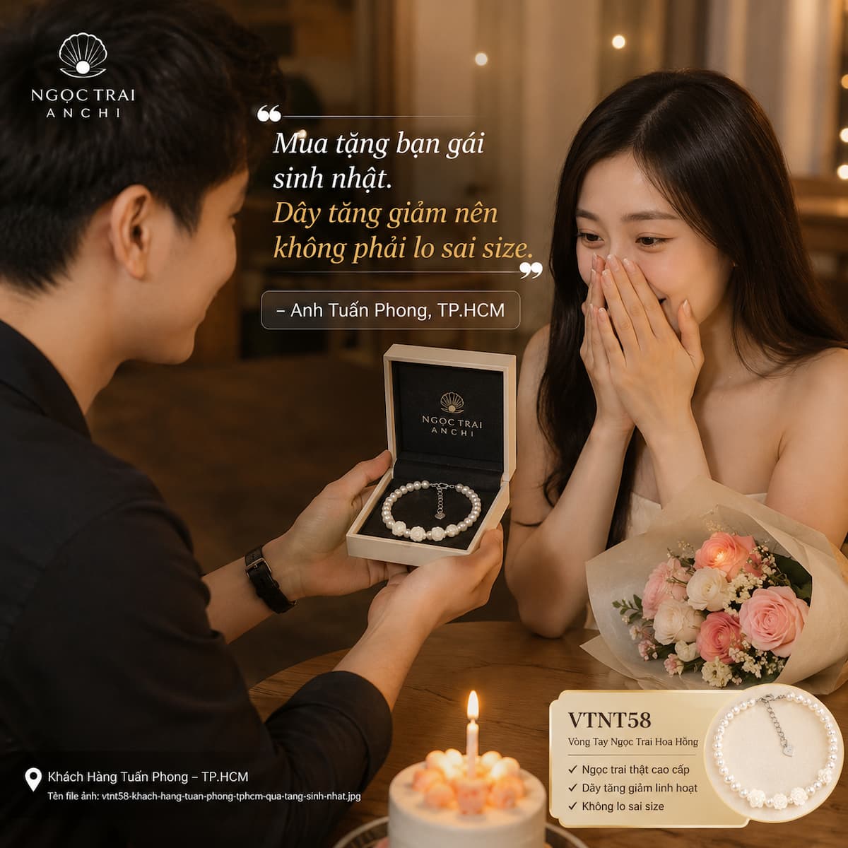 Khách hàng Tuấn Phong TPHCM chọn Vòng Tay Ngọc Trai Hoa Hồng VTNT58 làm quà tặng sinh nhật bạn gái