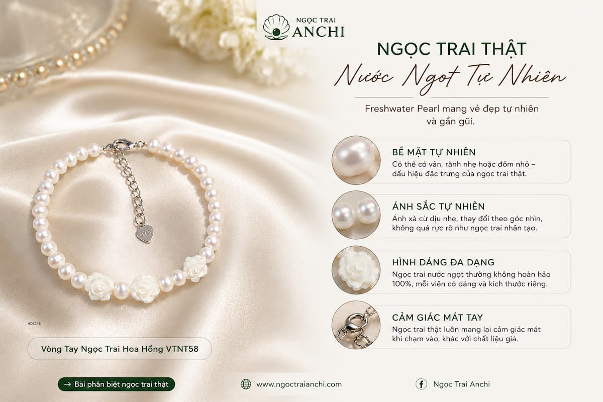 Ngọc trai nước ngọt tự nhiên sử dụng trên Vòng Tay Ngọc Trai Hoa Hồng VTNT58