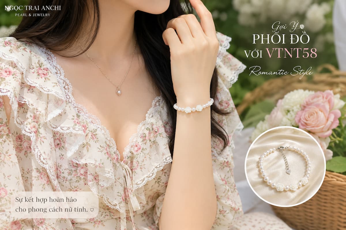 Vòng Tay Ngọc Trai Hoa Hồng VTNT58 phối cùng váy hoa phong cách romantic