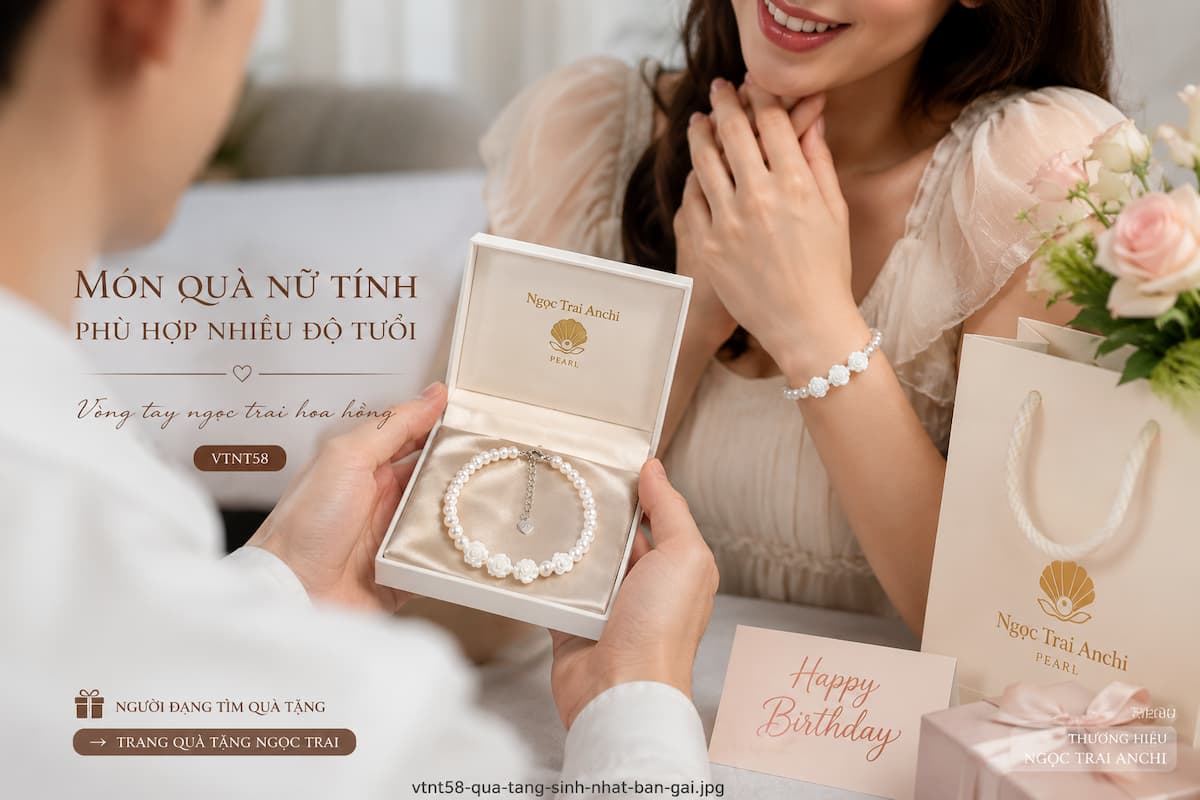 Vòng Tay Ngọc Trai Hoa Hồng VTNT58 làm quà tặng sinh nhật cho bạn gái