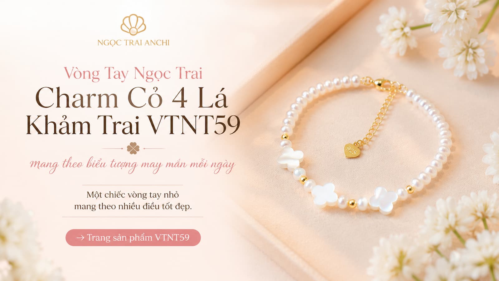 Vòng Tay Ngọc Trai Charm Cỏ 4 Lá Khảm Trai VTNT59 mang theo biểu tượng may mắn mỗi ngày