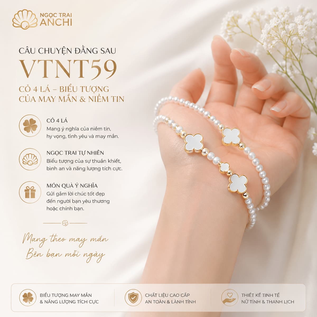 Biểu tượng may mắn trên Vòng Tay Ngọc Trai Charm Cỏ 4 Lá Khảm Trai VTNT59