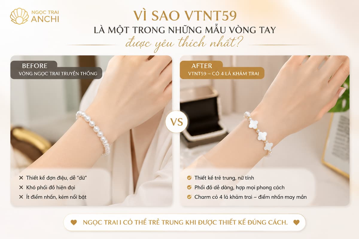 Vòng Tay Ngọc Trai Charm Cỏ 4 Lá Khảm Trai VTNT59 dành cho người muốn đeo ngọc trai trẻ trung