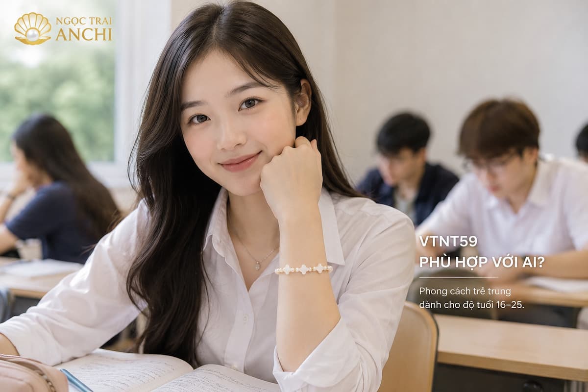 Học sinh sinh viên đeo Vòng Tay Ngọc Trai Charm Cỏ 4 Lá Khảm Trai VTNT59