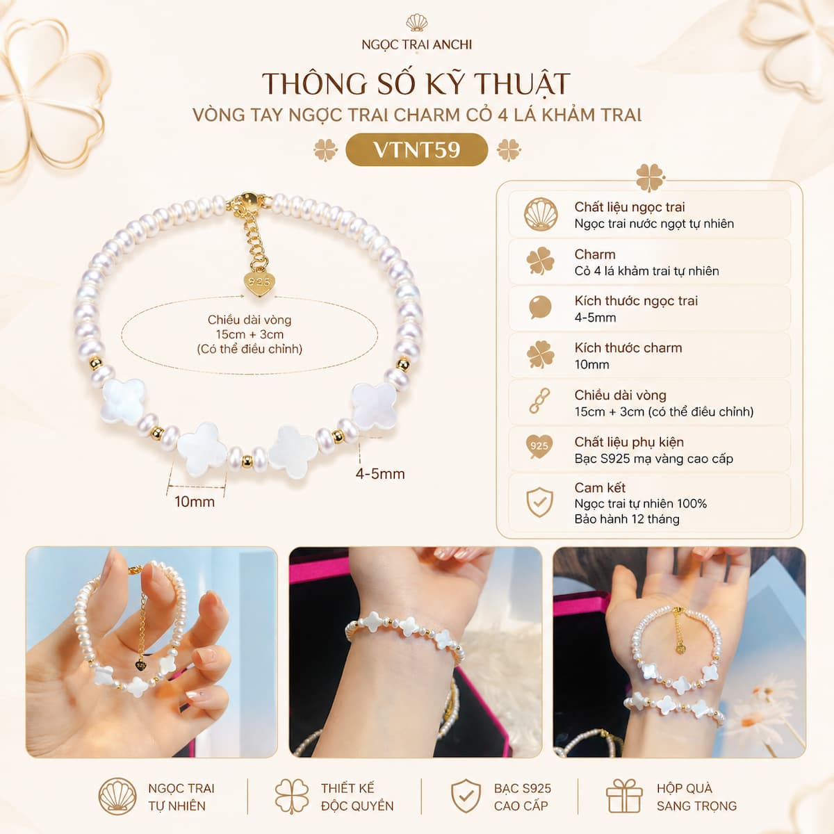Thông số kỹ thuật Vòng Tay Ngọc Trai Charm Cỏ 4 Lá Khảm Trai VTNT59