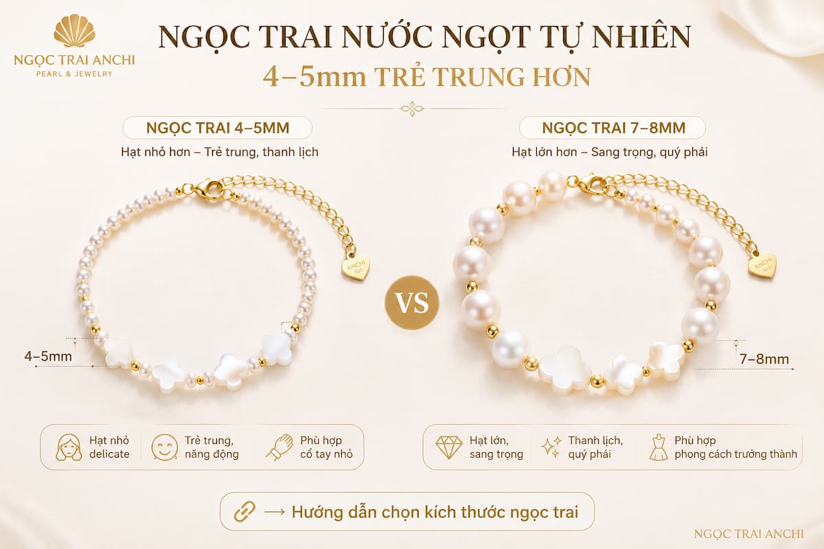 Ngọc trai nước ngọt 4-5mm trên Vòng Tay Ngọc Trai Charm Cỏ 4 Lá Khảm Trai VTNT59