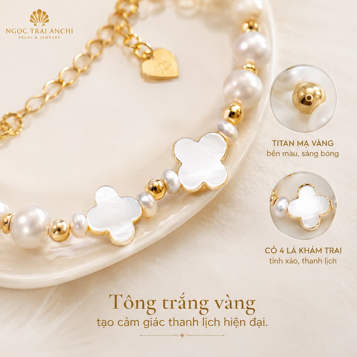 Chi tiết titan mạ vàng trên Vòng Tay Ngọc Trai Charm Cỏ 4 Lá Khảm Trai VTNT59