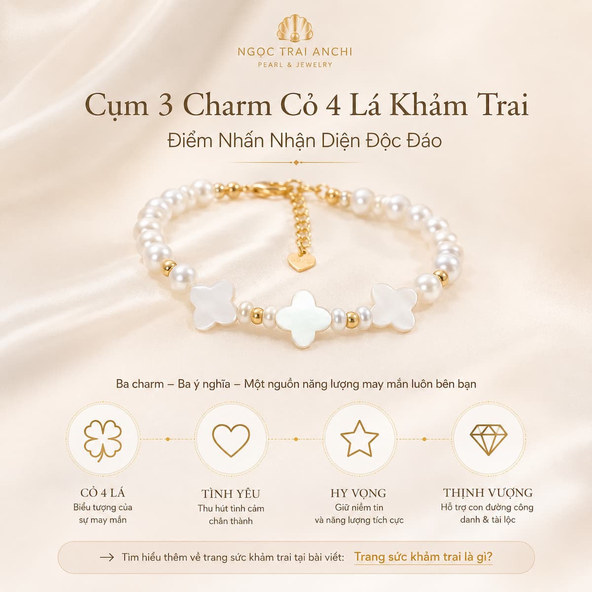 Ba charm cỏ 4 lá khảm trai trên Vòng Tay Ngọc Trai Charm Cỏ 4 Lá Khảm Trai VTNT59