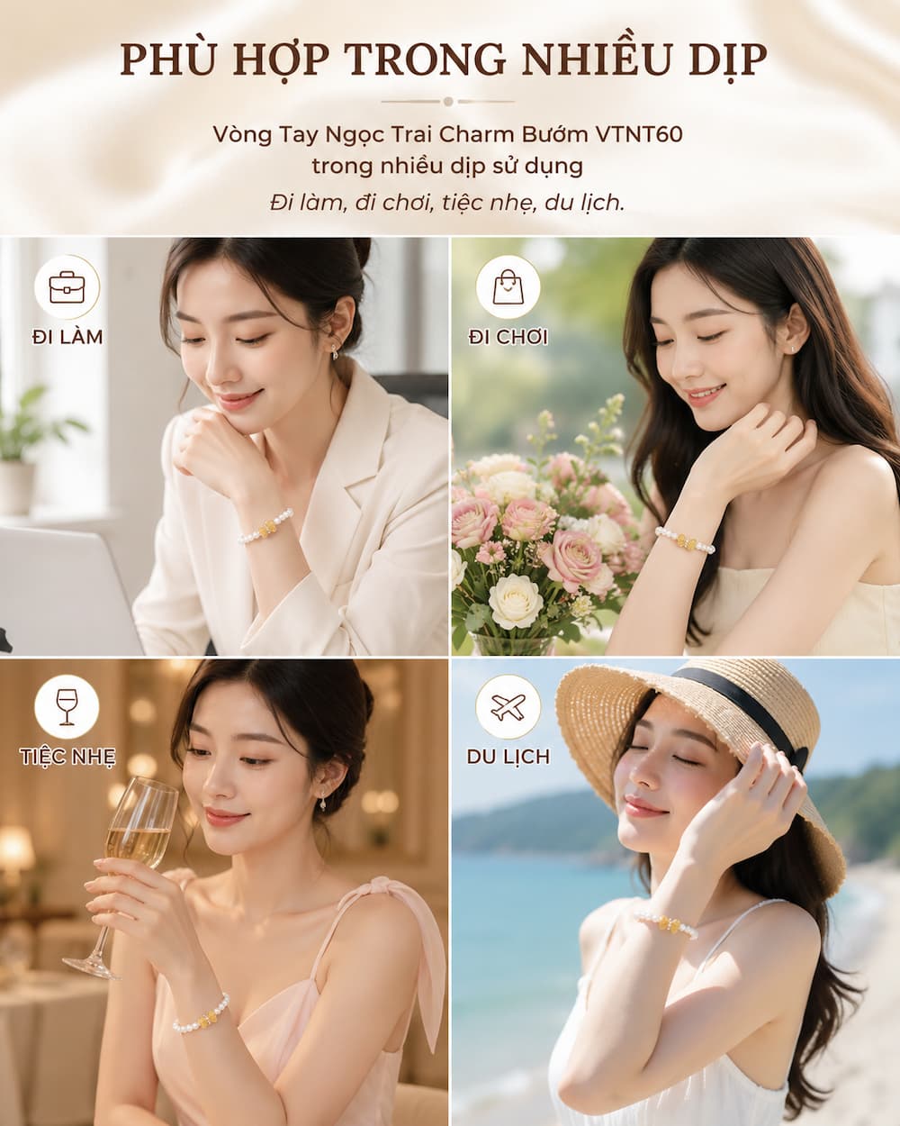 Vòng Tay Ngọc Trai Charm Bướm VTNT60 trong nhiều dịp sử dụng