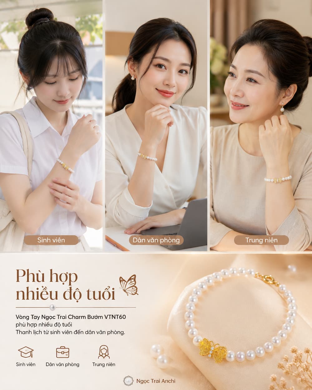 Vòng Tay Ngọc Trai Charm Bướm VTNT60 phù hợp nhiều độ tuổi