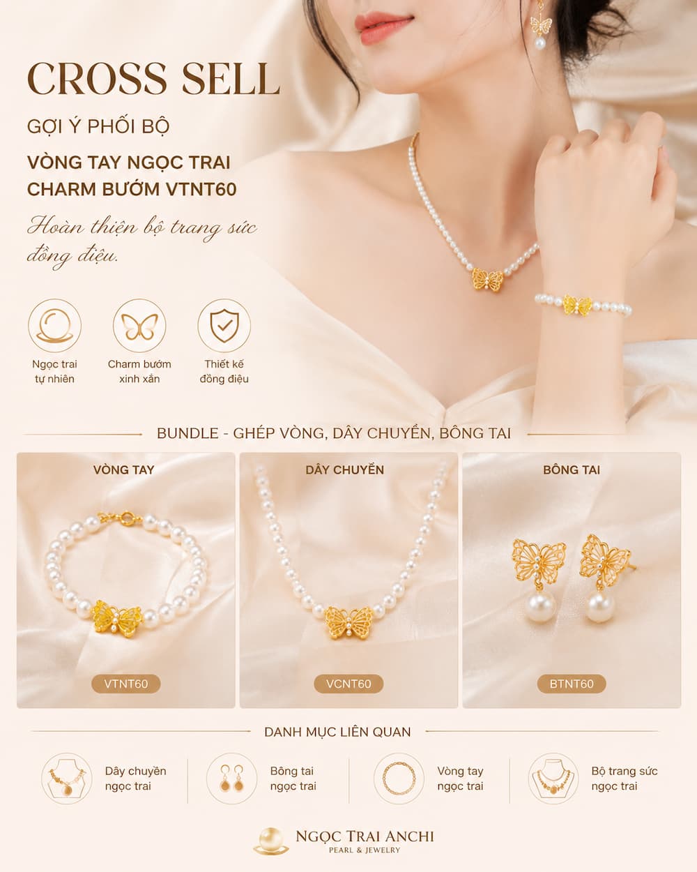 Gợi ý phối Vòng Tay Ngọc Trai Charm Bướm VTNT60 với trang sức ngọc trai
