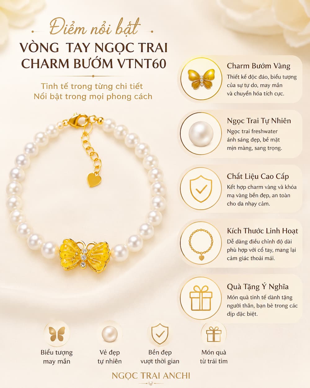 Điểm nổi bật của Vòng Tay Ngọc Trai Charm Bướm VTNT60