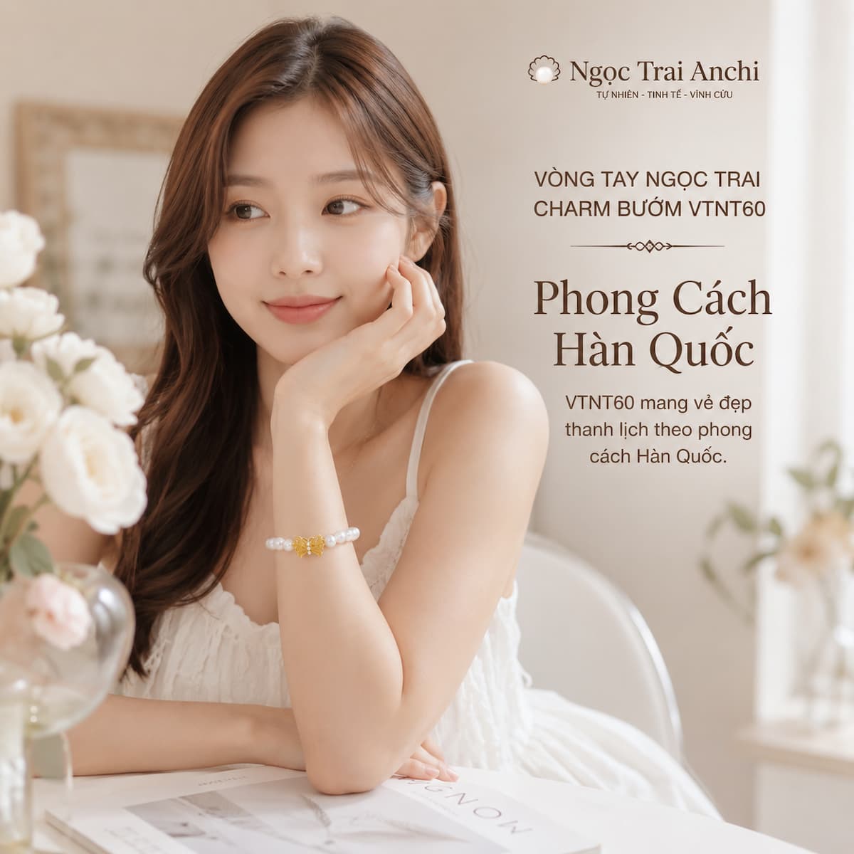 Vòng Tay Ngọc Trai Charm Bướm VTNT60 phong cách Hàn Quốc hiện đại