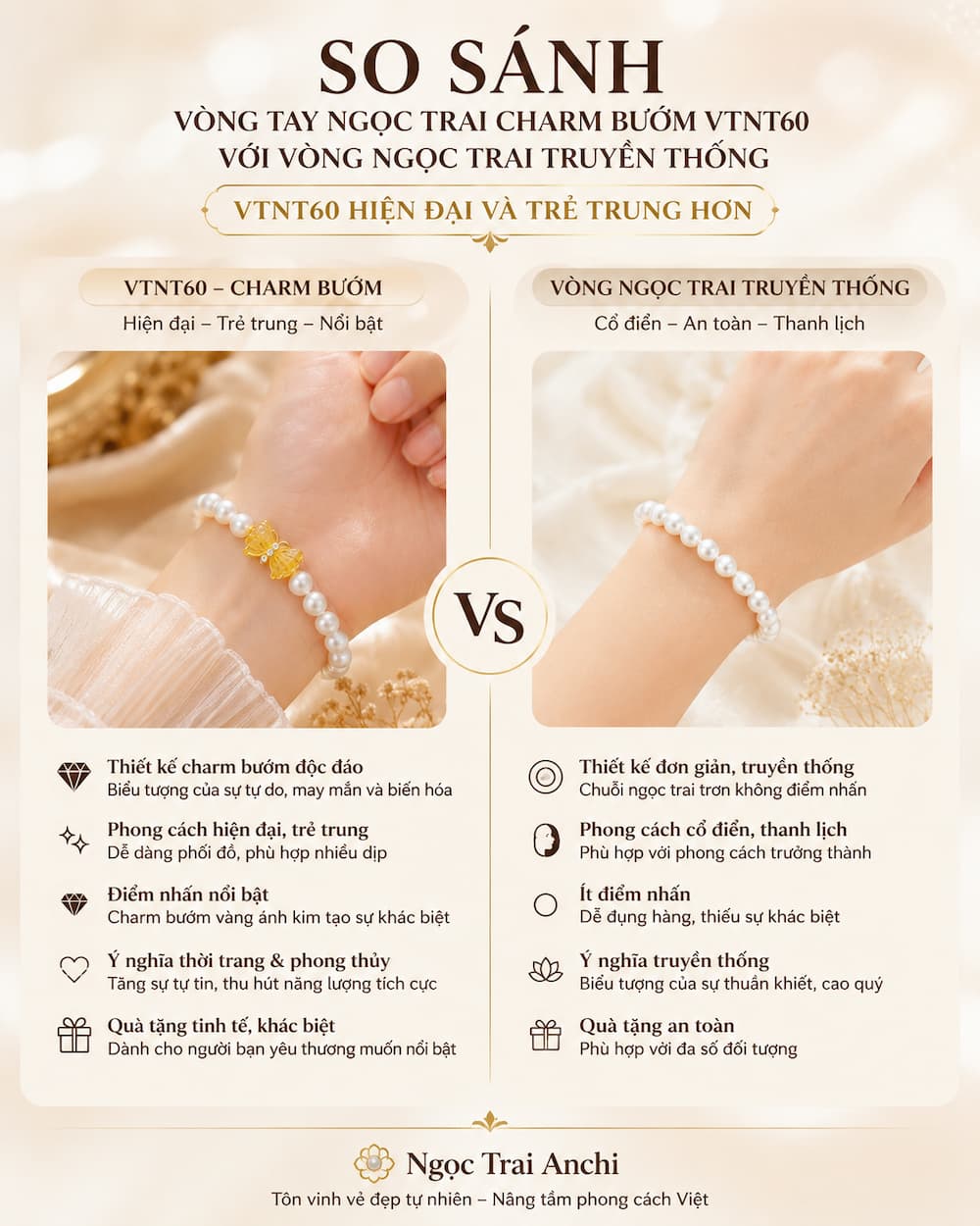 So sánh Vòng Tay Ngọc Trai Charm Bướm VTNT60 với vòng ngọc trai truyền thống
