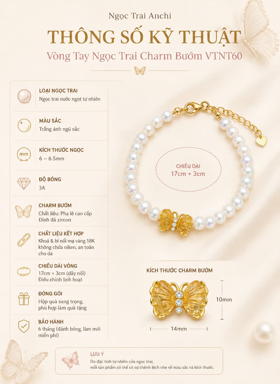 Thông số kỹ thuật Vòng Tay Ngọc Trai Charm Bướm VTNT60