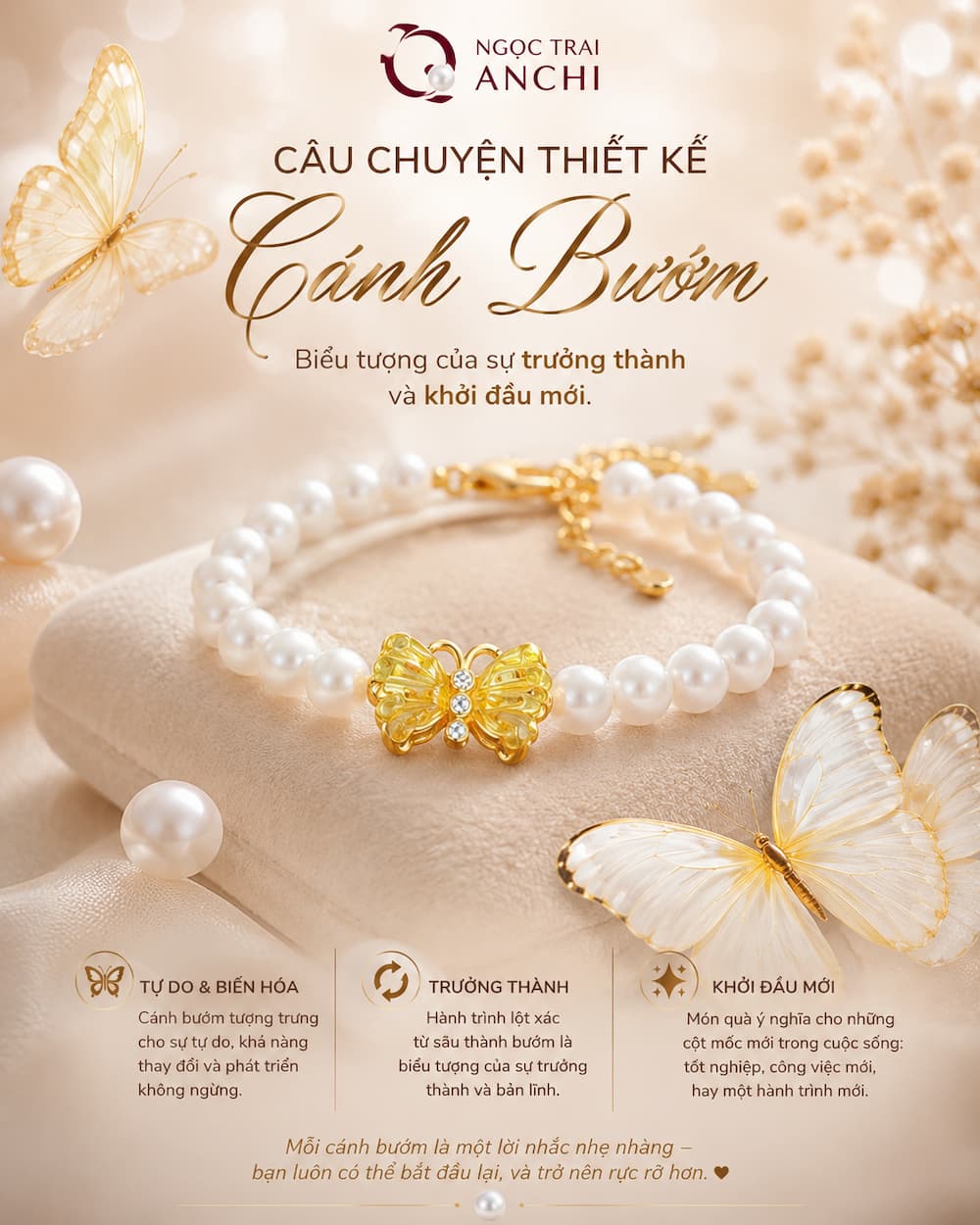 Ý nghĩa charm cánh bướm trên Vòng Tay Ngọc Trai Charm Bướm VTNT60