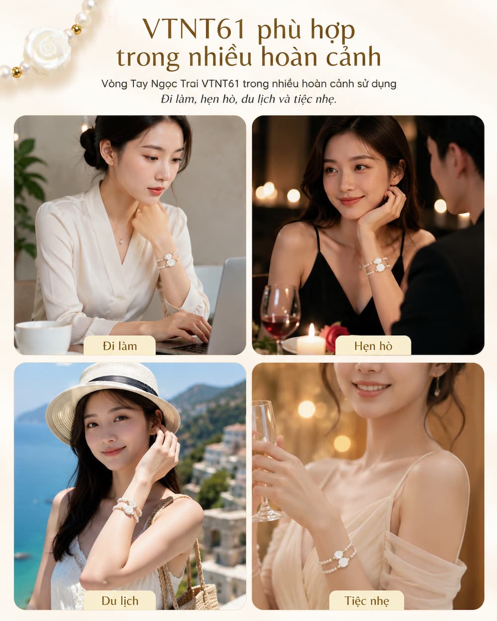 Vòng Tay Ngọc Trai VTNT61 trong nhiều hoàn cảnh sử dụng