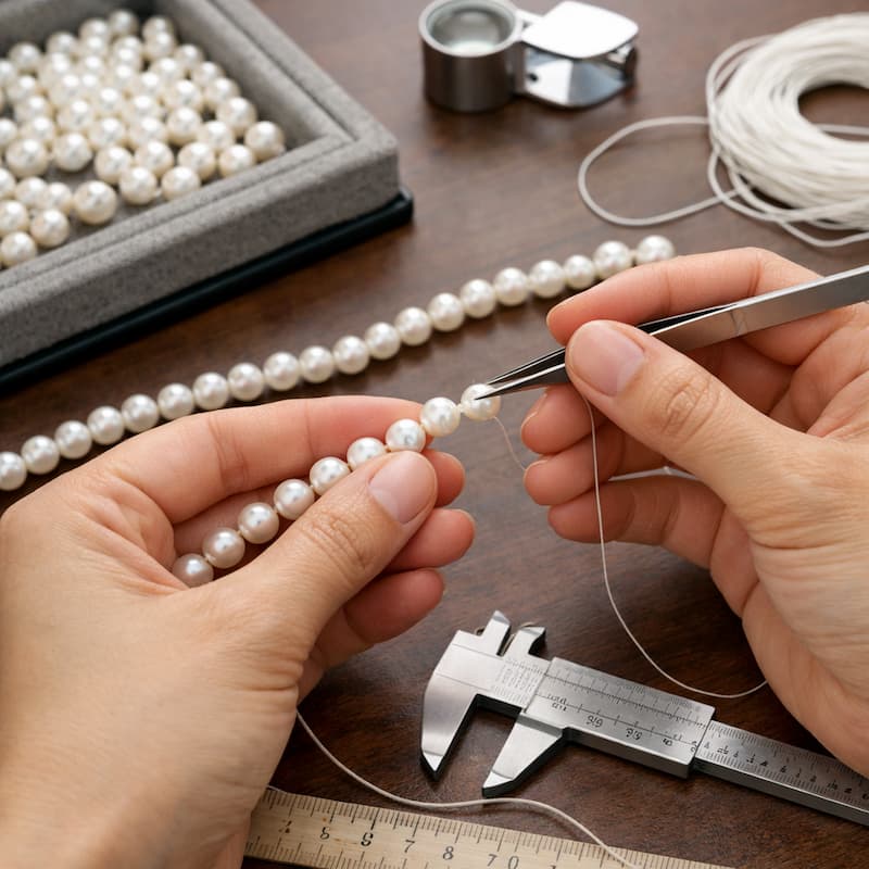 Công đoạn xâu chuỗi và cân chỉnh độ đều hạt trong quá trình hoàn thiện VCNT181