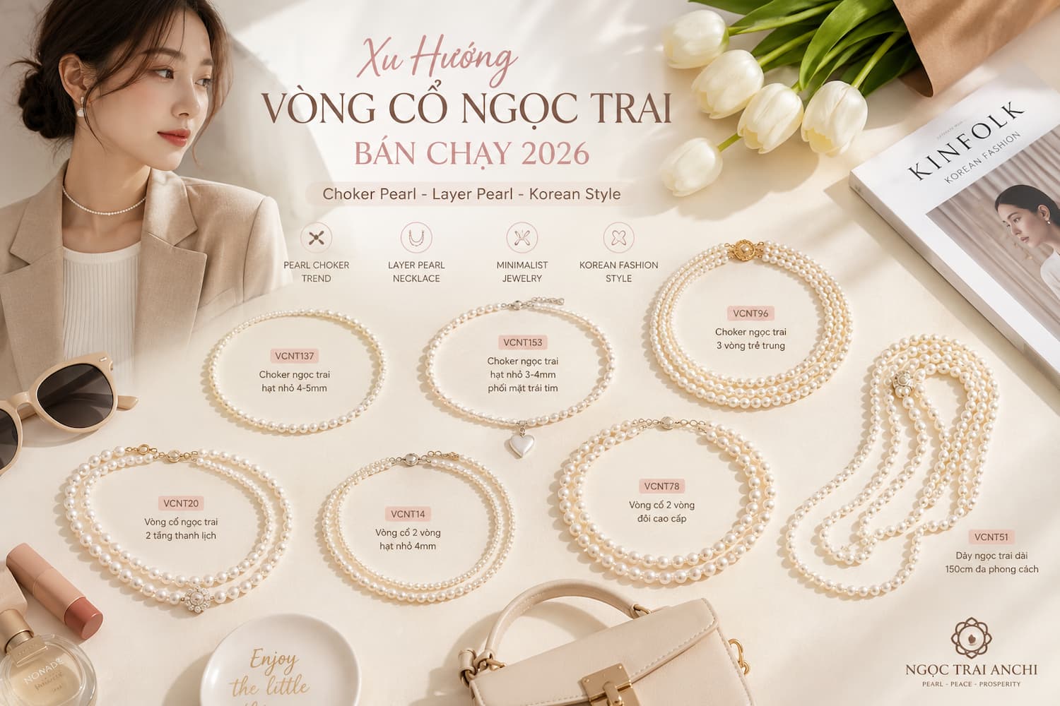 Xu hướng vòng cổ ngọc trai bán chạy năm 2026 với choker pearl layer pearl và phong cách Hàn Quốc hiện đại