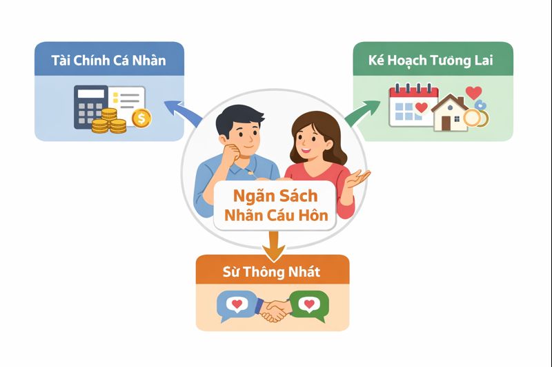 Các yếu tố ảnh hưởng đến ngân sách nhẫn cầu hôn như tài chính, kế hoạch và sự thống nhất