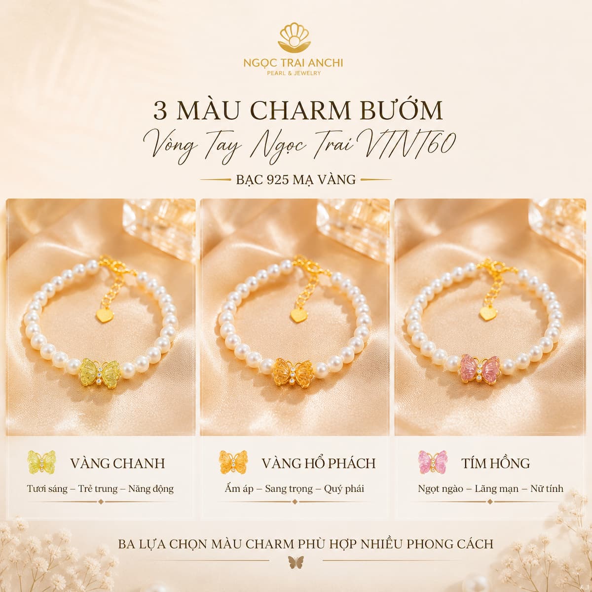 Vòng Tay Ngọc Trai Charm Bướm VTNT60 Bạc 925 Mạ Vàng – Ngọc Trai Tự Nhiên Thanh Lịch Cho Nữ