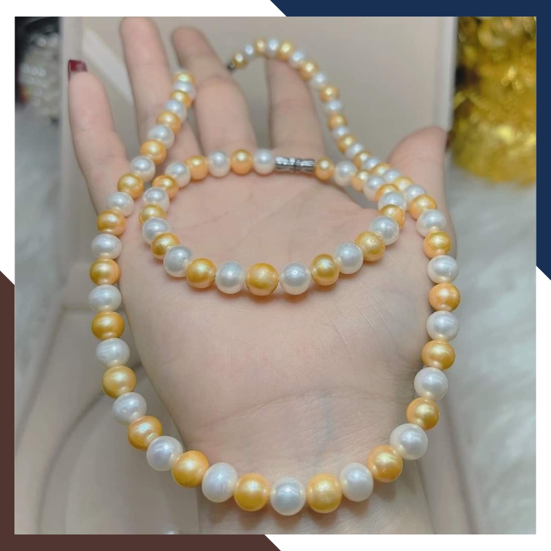 Bộ trang sức ngọc trai trắng vàng thanh lịch – vòng cổ, vòng tay và bông tai bạc 925 BTSNT11