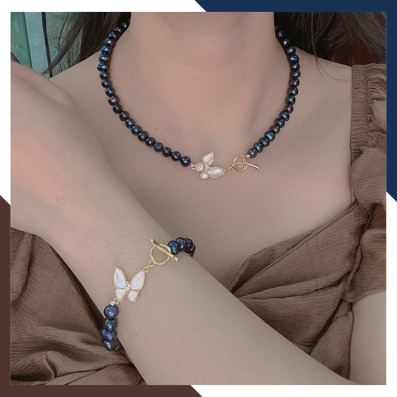 Set Vòng Ngọc Trai Đen Khóa Bướm – Choker & Vòng Tay Nữ BTSNT12