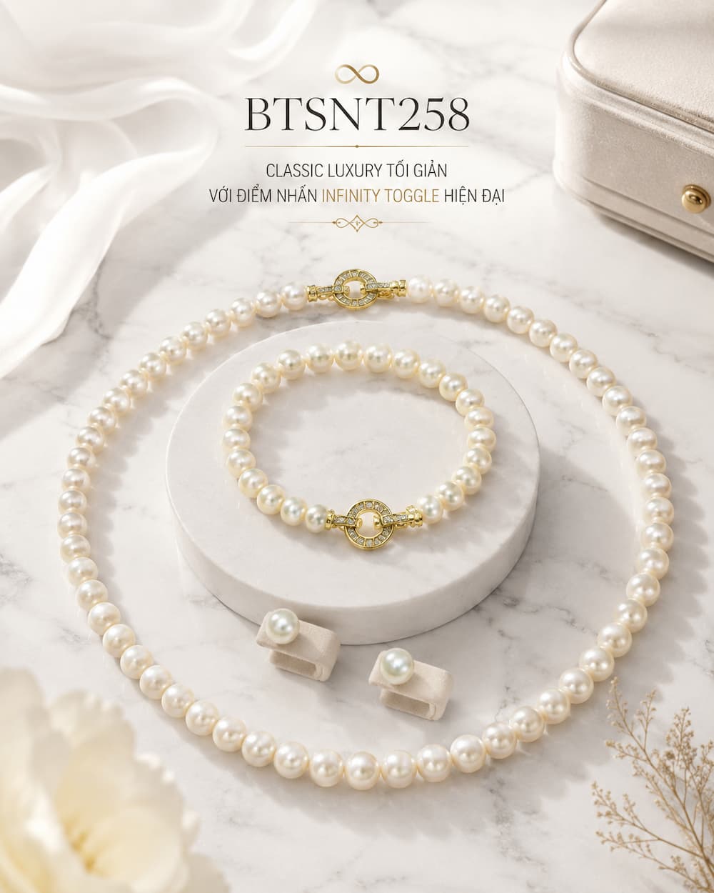 Bộ Trang Sức Ngọc Trai Freshwater Trắng Hoa Hồng Khảm Trai BTSNT259 – Romantic Luxury Thanh Lịch Và Nữ Tính