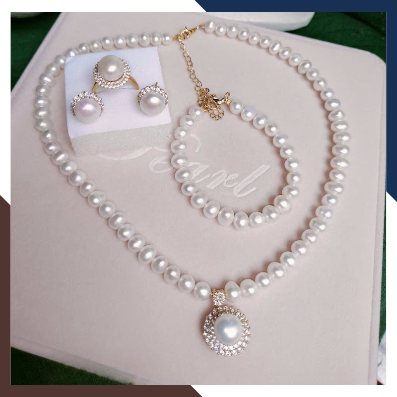 Bộ Trang Sức Ngọc Trai Cho Mẹ Phối Bạc Hình Hoa Đính Đá Sang Trọng BTSNT86