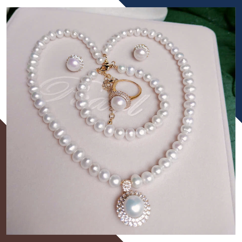 Bộ Trang Sức Ngọc Trai Cho Mẹ Phối Bạc Hình Hoa Đính Đá Sang Trọng BTSNT86