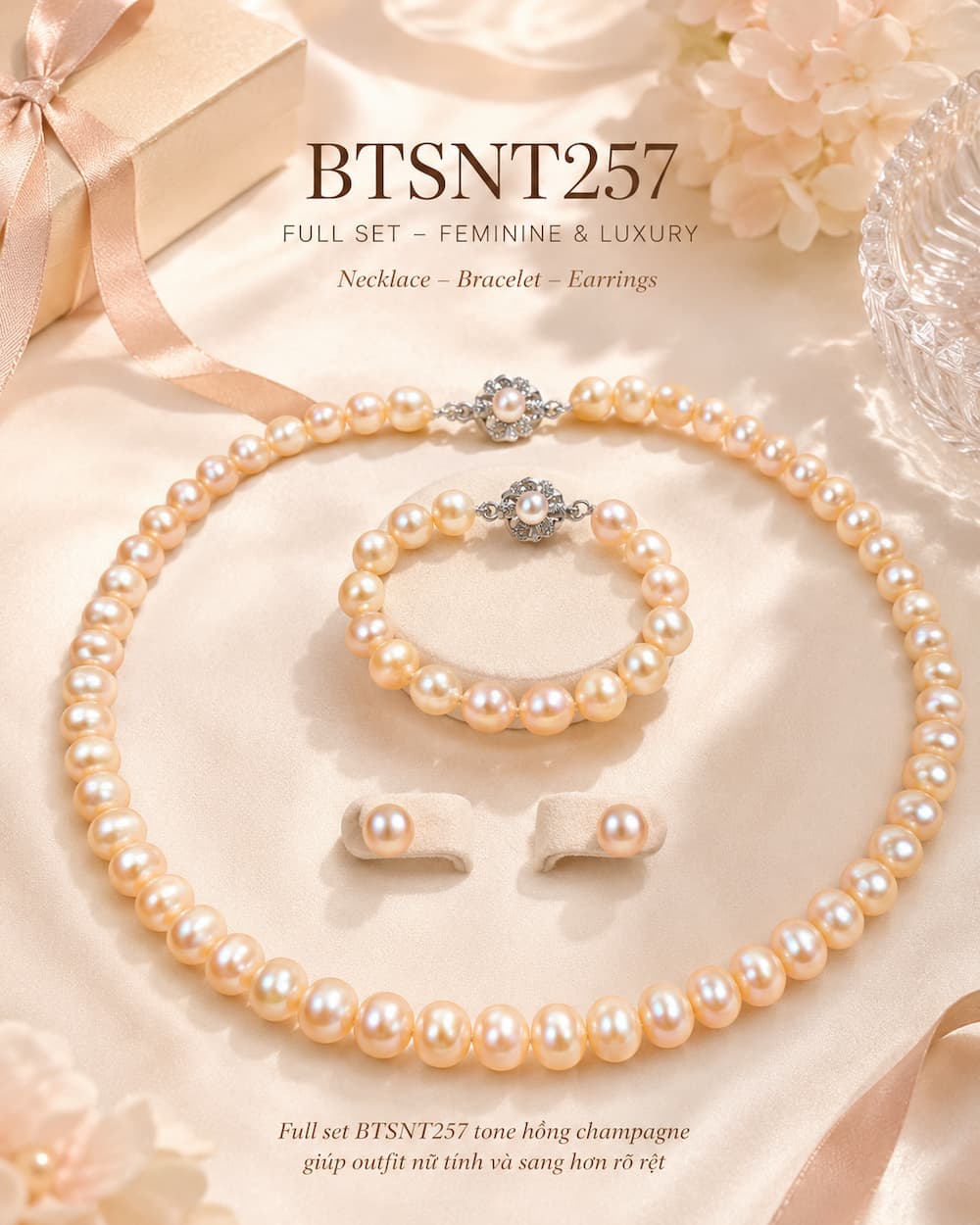 Bộ Trang Sức Ngọc Trai Màu Hồng BTSNT257 – Set Pearl Feminine Luxury Sang Trọng, Nữ Tính Và Dễ Ứng Dụng