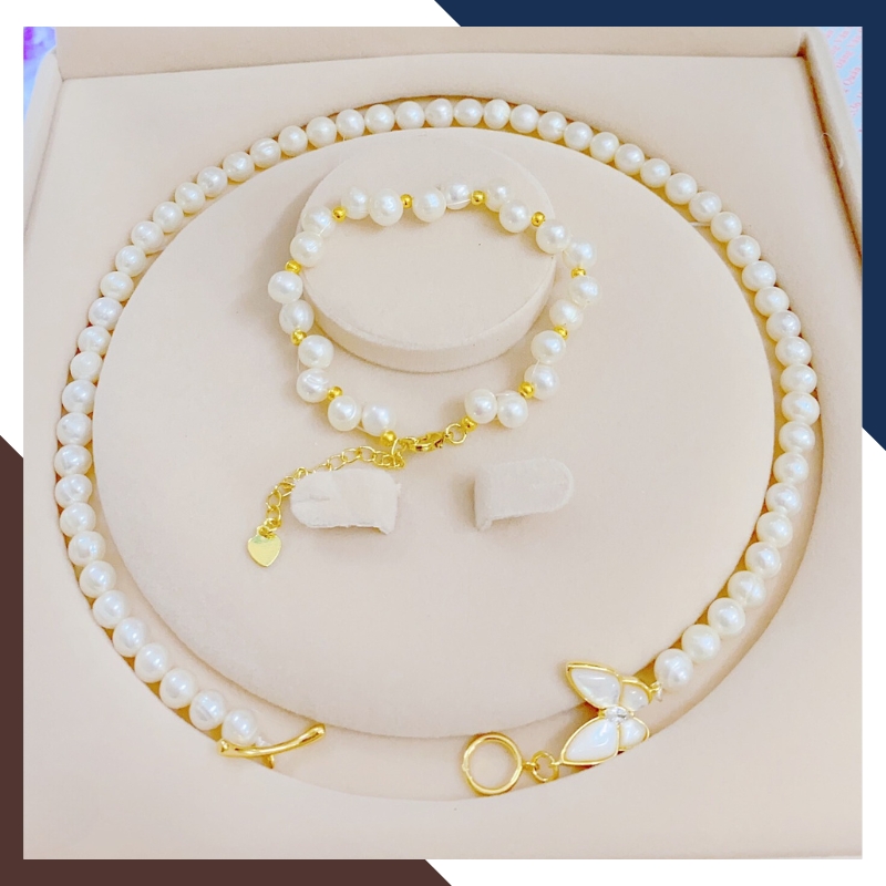 Bộ trang sức ngọc trai thật 7 ly khóa bướm mã BTSNT04