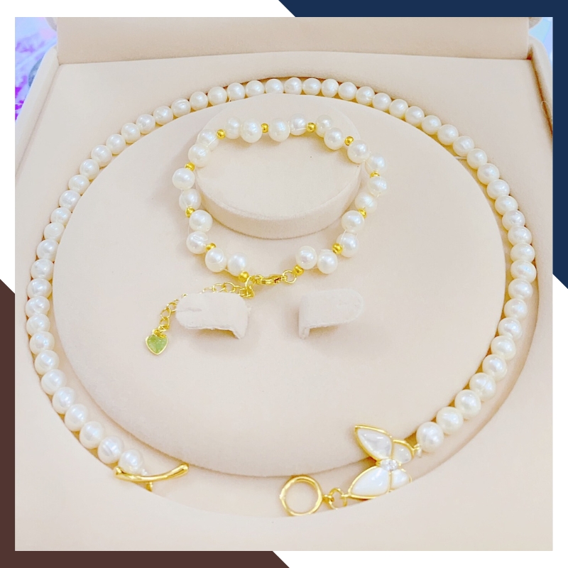 Bộ trang sức ngọc trai thật 7 ly khóa bướm mã BTSNT04