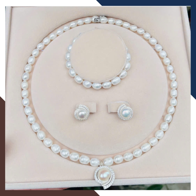 Bộ Trang Sức Ngọc Trai Nước Ngọt Có Mặt Bằng Bạc Cho Nữ Mã BTSNT102