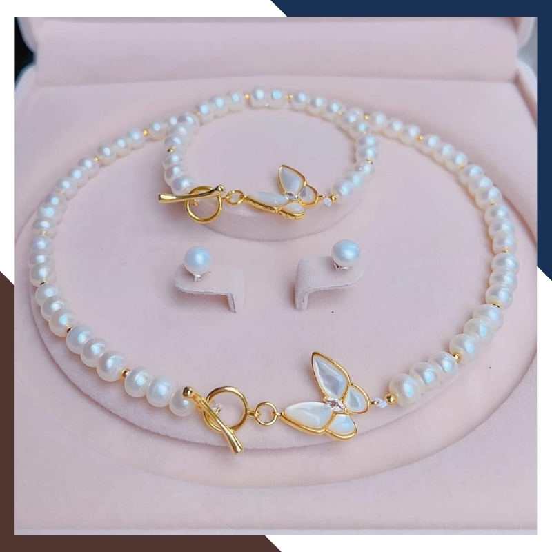 Bộ trang sức ngọc trai thật mặc áo dài đẹp cho nữ mẫu khóa hình con bướm mã K50T78250