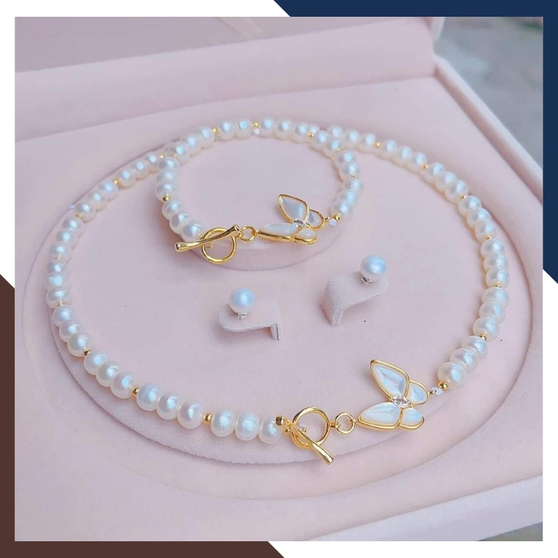 Bộ trang sức ngọc trai thật mặc áo dài đẹp cho nữ mẫu khóa hình con bướm mã K50T78250