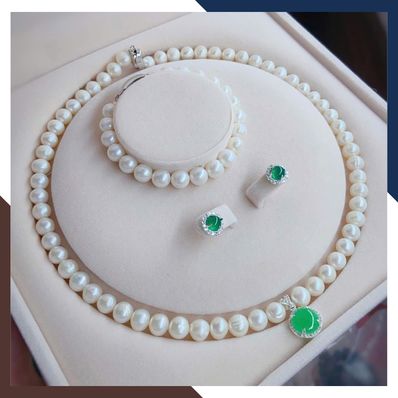 Bộ trang sức ngọc trai thật phối đá xanh BTSNT215