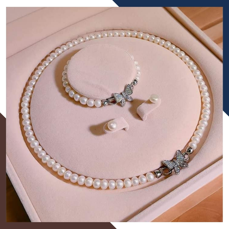 Bộ trang sức ngọc trai tự nhiên khóa hình con bướm, mẫu vòng ngọc trai mặc áo dài đẹp cho nữ mã 67B1192