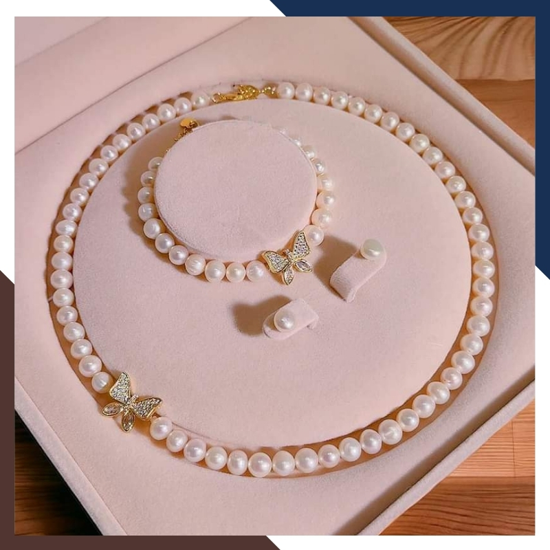 Bộ trang sức ngọc trai tự nhiên khóa hình con bướm, mẫu vòng ngọc trai mặc áo dài đẹp cho nữ mã 67B1192