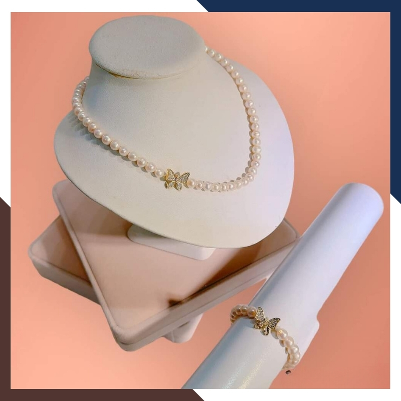 Bộ trang sức ngọc trai tự nhiên khóa hình con bướm, mẫu vòng ngọc trai mặc áo dài đẹp cho nữ mã 67B1192