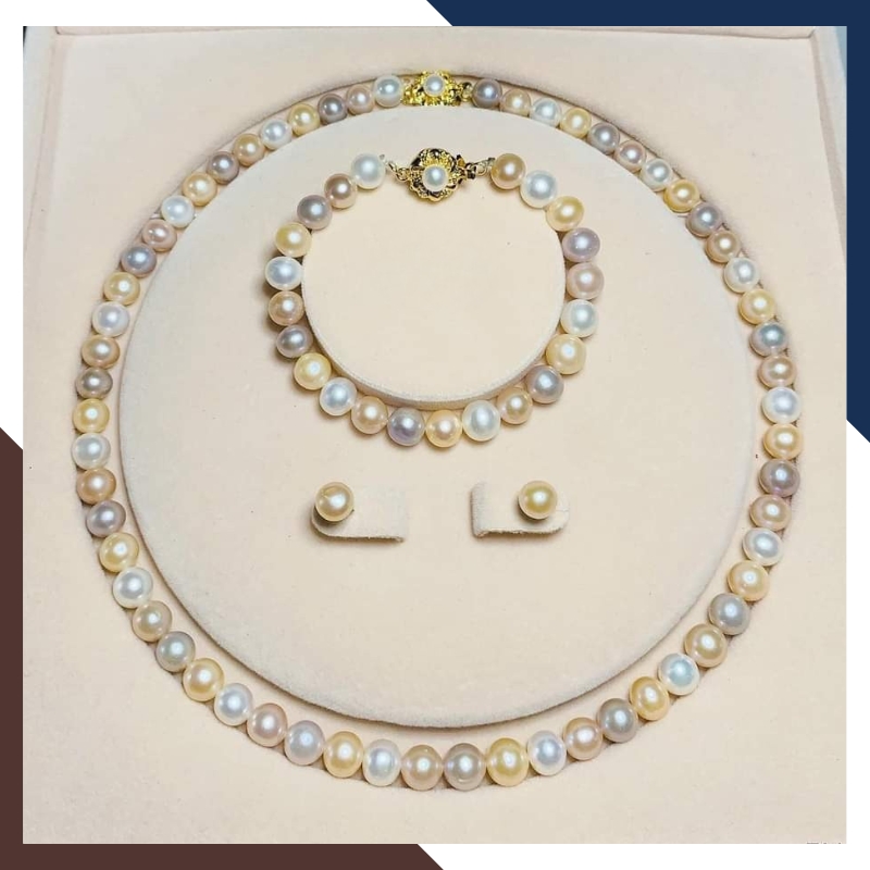 Bộ trang sức ngọc trai tứ quý 4 màu 8–9mm cao cấp – Set vòng cổ, vòng tay & bông tai BTSNT10