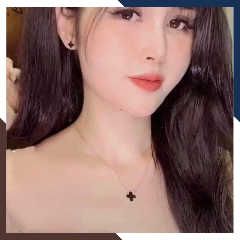 Bộ trang sức vàng cỏ 4 lá đen, gồm dây chuyền và bông tai bằng vàng korea 10k mã D70B52