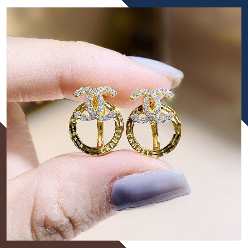 Bông tai Chanel vàng tây 10k viền tròn kiểu chốt bấm cho nữ đẹp mã TL52
