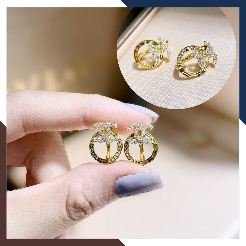Bông tai Chanel vàng tây 10k viền tròn kiểu chốt bấm cho nữ đẹp mã TL52