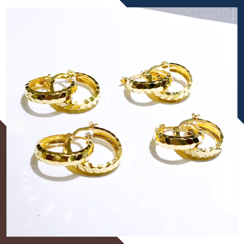 Bông tai vàng nữ tròn to phay cạnh trẻ trung S111315 | vàng tây 10k
