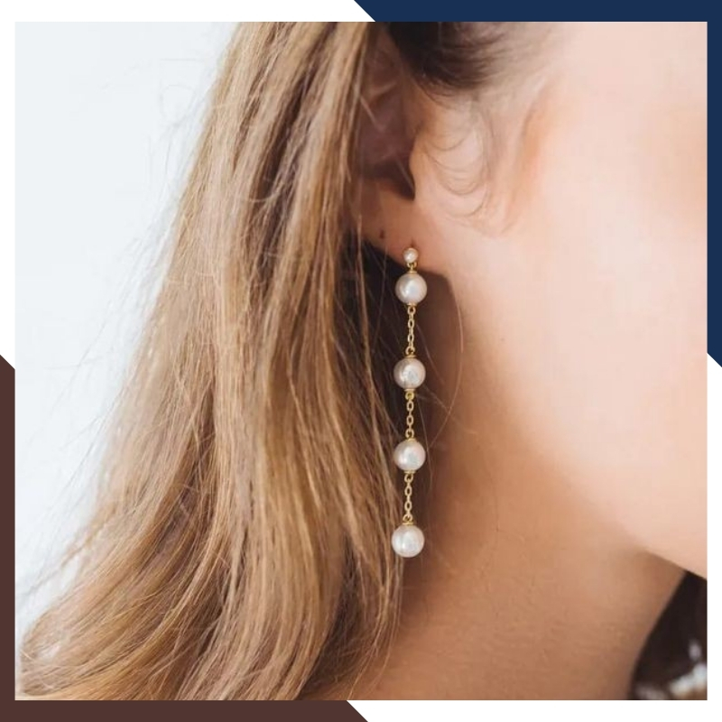 Bông tai ngọc trai dáng dài, bông tai dây bạc đính 4 viên ngọc trai thật đẹp cho nữ mã K70T2L67