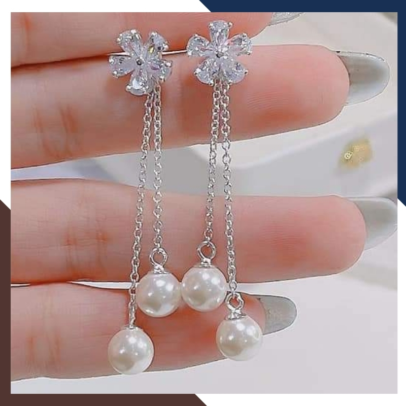 Bông tai ngọc trai dáng dài hình hoa mẫu mới đẹp cho nữ, bông tai 2 dây đính ngọc trai tự nhiên mã K115TT78