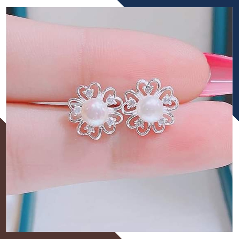 Bông tai ngọc trai nụ bạc viền hình trái tim cho nữ đẹp mã k45td89