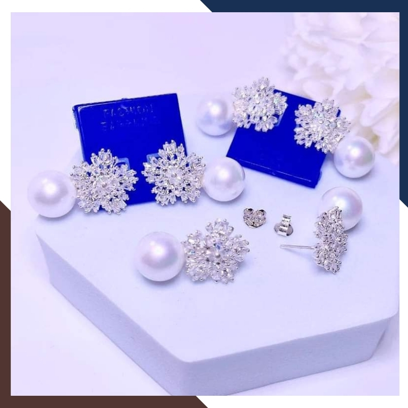 Bông tai ngọc trai tòn ten hình bông hoa tuyết, bông tai ngọc trai thật đẹp sang trọng cho nữ mã K85TT78