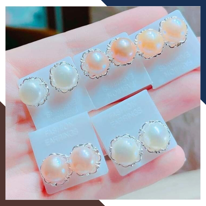 Bông tai nụ ngọc trai thật khung bạc hình hoa hồng cho nữ đẹp mã k65td910